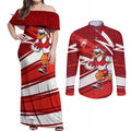 Sydney Swans Australian Football Couples Matching Off Shoulder Maxi Dress and Long Sleeve Button Shirt Swans Mascot Art With Indigenous Pattern Art