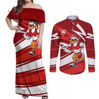 Sydney Swans Australian Football Couples Matching Off Shoulder Maxi Dress and Long Sleeve Button Shirt Swans Mascot Art With Indigenous Pattern Art
