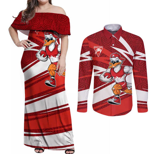 Sydney Swans Australian Football Couples Matching Off Shoulder Maxi Dress and Long Sleeve Button Shirt Swans Mascot Art With Indigenous Pattern Art