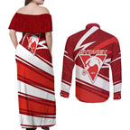 Sydney Swans Australian Football Couples Matching Off Shoulder Maxi Dress and Long Sleeve Button Shirt Swans Mascot Art With Indigenous Pattern Art