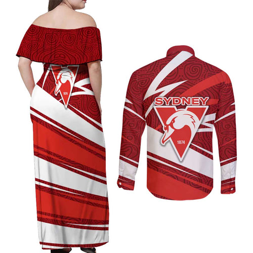 Sydney Swans Australian Football Couples Matching Off Shoulder Maxi Dress and Long Sleeve Button Shirt Swans Mascot Art With Indigenous Pattern Art