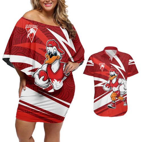 Sydney Swans Australian Football Couples Matching Off Shoulder Short Dress and Hawaiian Shirt Swans Mascot Art With Indigenous Pattern Art