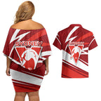 Sydney Swans Australian Football Couples Matching Off Shoulder Short Dress and Hawaiian Shirt Swans Mascot Art With Indigenous Pattern Art