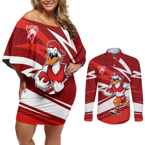 Sydney Swans Australian Football Couples Matching Off Shoulder Short Dress and Long Sleeve Button Shirt Swans Mascot Art With Indigenous Pattern Art