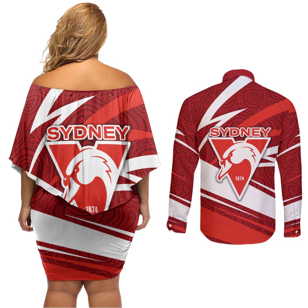 Sydney Swans Australian Football Couples Matching Off Shoulder Short Dress and Long Sleeve Button Shirt Swans Mascot Art With Indigenous Pattern Art