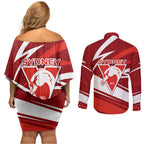 Sydney Swans Australian Football Couples Matching Off Shoulder Short Dress and Long Sleeve Button Shirt Swans Mascot Art With Indigenous Pattern Art