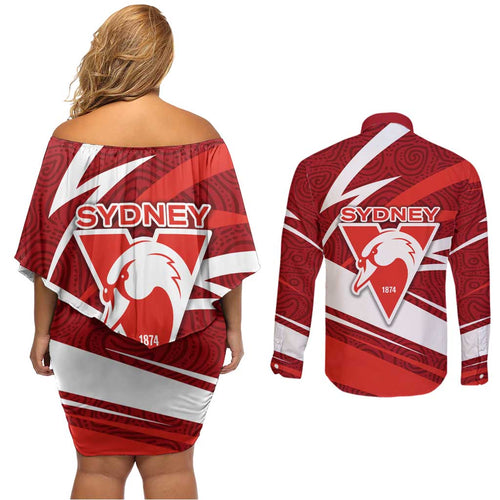 Sydney Swans Australian Football Couples Matching Off Shoulder Short Dress and Long Sleeve Button Shirt Swans Mascot Art With Indigenous Pattern Art