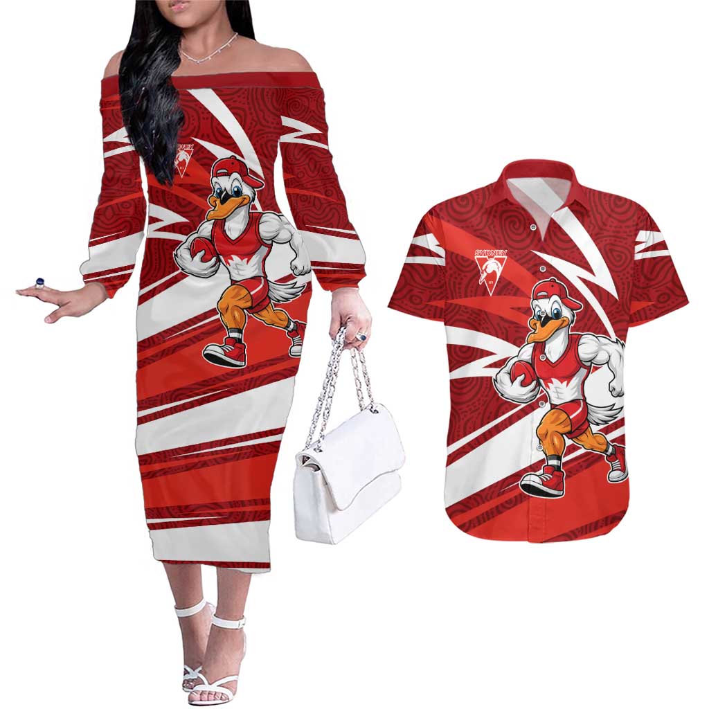 Sydney Swans Australian Football Couples Matching Off The Shoulder Long Sleeve Dress and Hawaiian Shirt Swans Mascot Art With Indigenous Pattern Art