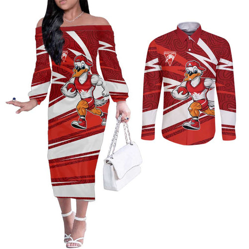 Sydney Swans Australian Football Couples Matching Off The Shoulder Long Sleeve Dress and Long Sleeve Button Shirt Swans Mascot Art With Indigenous Pattern Art