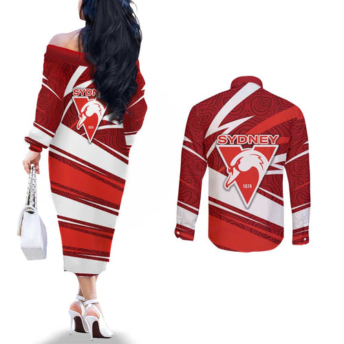 Sydney Swans Australian Football Couples Matching Off The Shoulder Long Sleeve Dress and Long Sleeve Button Shirt Swans Mascot Art With Indigenous Pattern Art