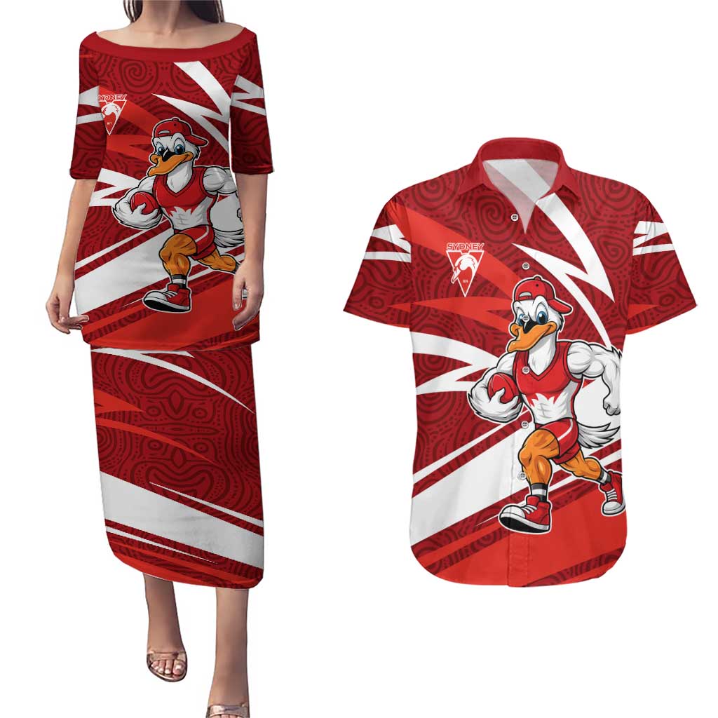 Sydney Swans Australian Football Couples Matching Puletasi and Hawaiian Shirt Swans Mascot Art With Indigenous Pattern Art
