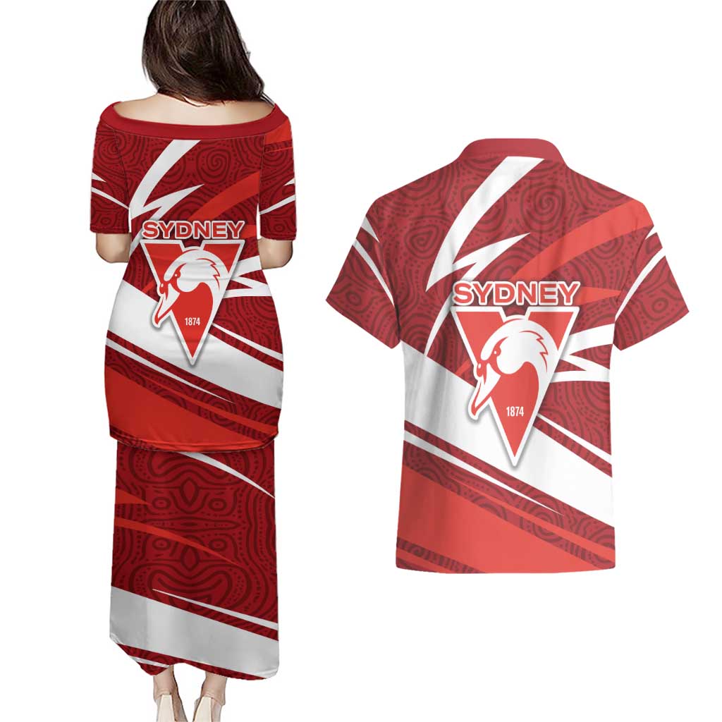 Sydney Swans Australian Football Couples Matching Puletasi and Hawaiian Shirt Swans Mascot Art With Indigenous Pattern Art