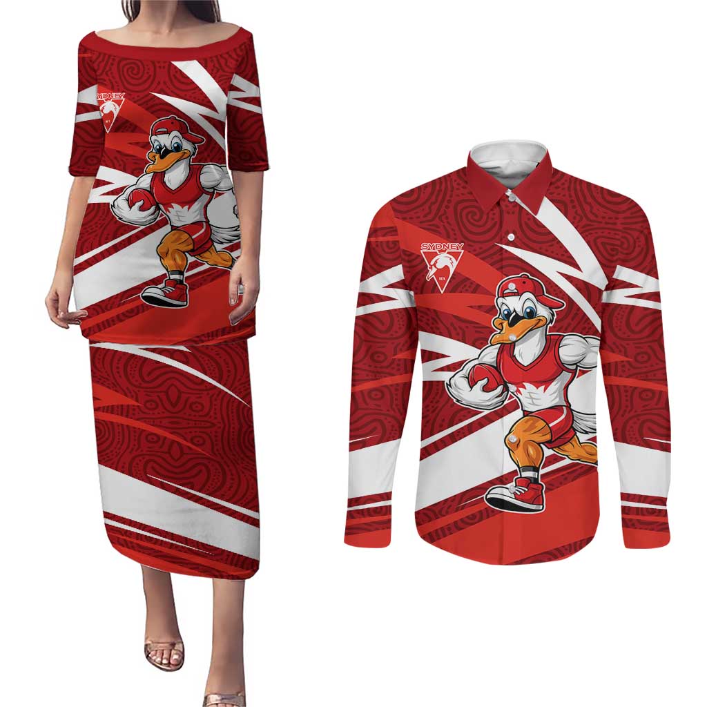 Sydney Swans Australian Football Couples Matching Puletasi and Long Sleeve Button Shirt Swans Mascot Art With Indigenous Pattern Art