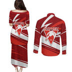 Sydney Swans Australian Football Couples Matching Puletasi and Long Sleeve Button Shirt Swans Mascot Art With Indigenous Pattern Art