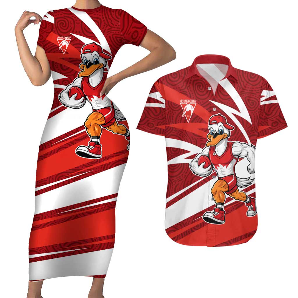 Sydney Swans Australian Football Couples Matching Short Sleeve Bodycon Dress and Hawaiian Shirt Swans Mascot Art With Indigenous Pattern Art