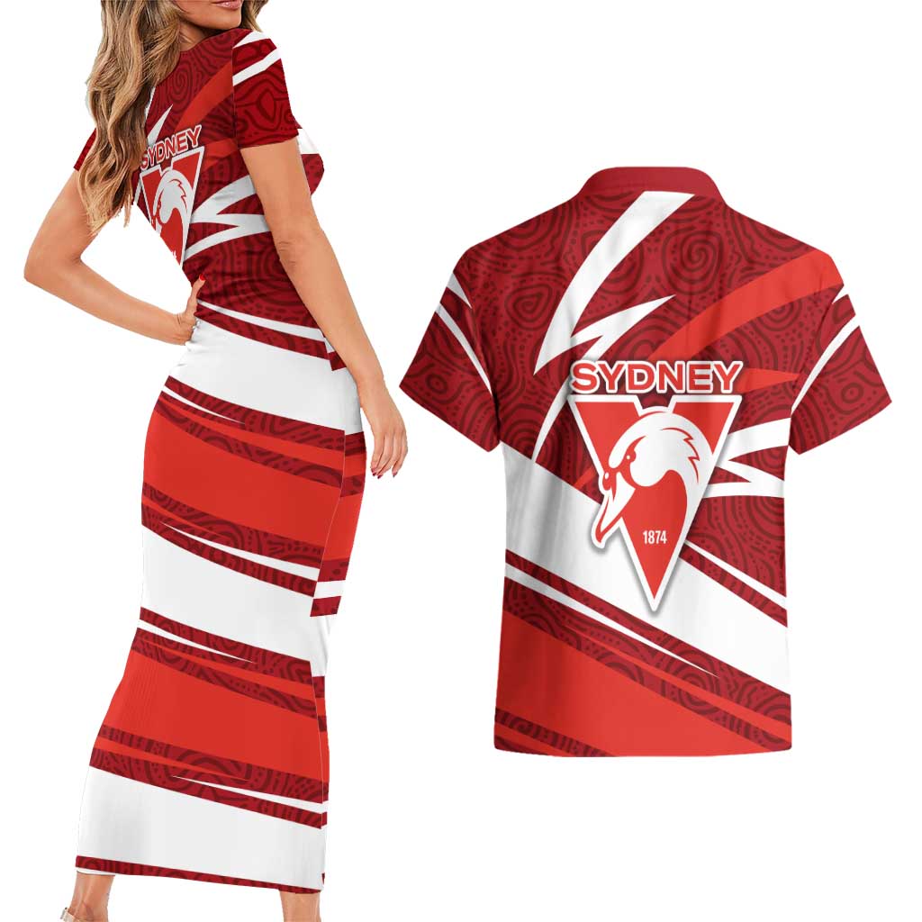 Sydney Swans Australian Football Couples Matching Short Sleeve Bodycon Dress and Hawaiian Shirt Swans Mascot Art With Indigenous Pattern Art