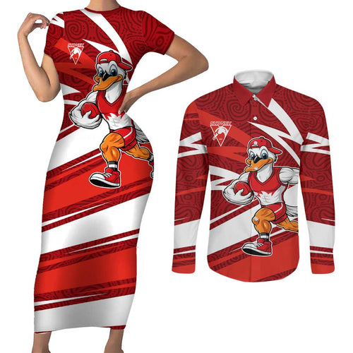 Sydney Swans Australian Football Couples Matching Short Sleeve Bodycon Dress and Long Sleeve Button Shirt Swans Mascot Art With Indigenous Pattern Art