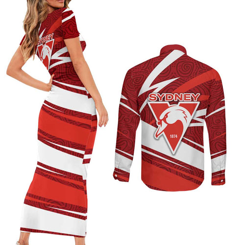 Sydney Swans Australian Football Couples Matching Short Sleeve Bodycon Dress and Long Sleeve Button Shirt Swans Mascot Art With Indigenous Pattern Art