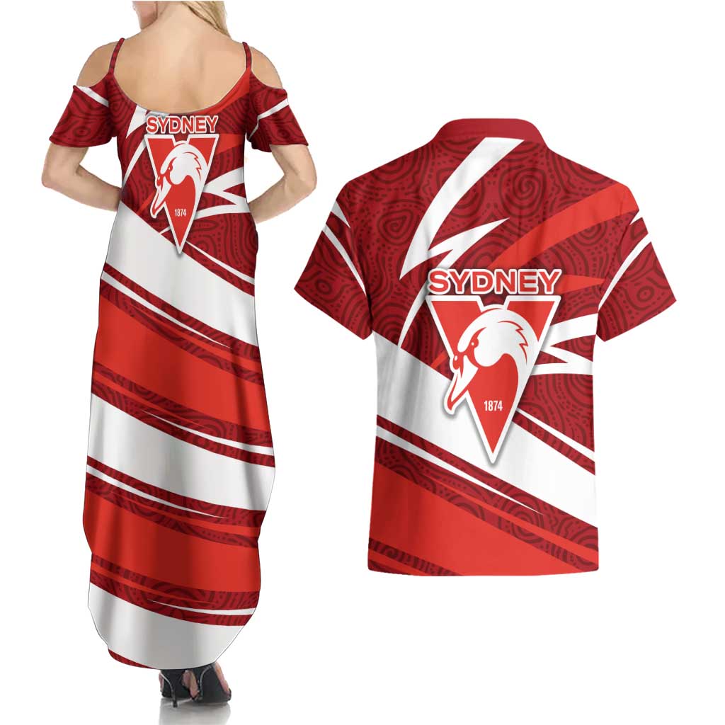 Sydney Swans Australian Football Couples Matching Summer Maxi Dress and Hawaiian Shirt Swans Mascot Art With Indigenous Pattern Art