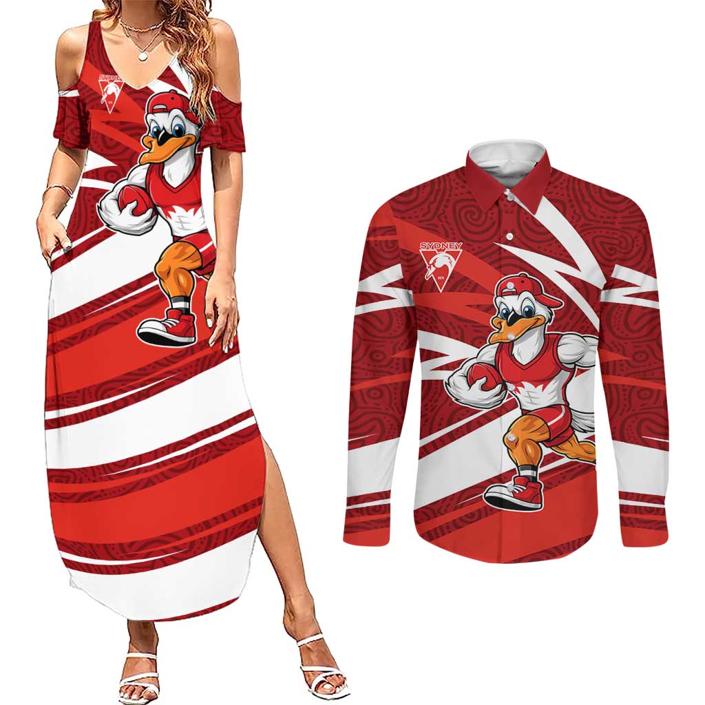 Sydney Swans Australian Football Couples Matching Summer Maxi Dress and Long Sleeve Button Shirt Swans Mascot Art With Indigenous Pattern Art