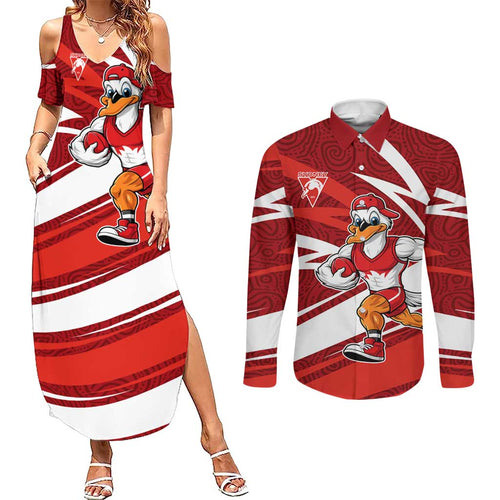 Sydney Swans Australian Football Couples Matching Summer Maxi Dress and Long Sleeve Button Shirt Swans Mascot Art With Indigenous Pattern Art