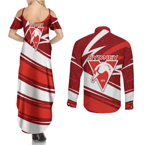 Sydney Swans Australian Football Couples Matching Summer Maxi Dress and Long Sleeve Button Shirt Swans Mascot Art With Indigenous Pattern Art