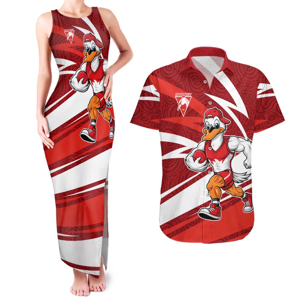 Sydney Swans Australian Football Couples Matching Tank Maxi Dress and Hawaiian Shirt Swans Mascot Art With Indigenous Pattern Art