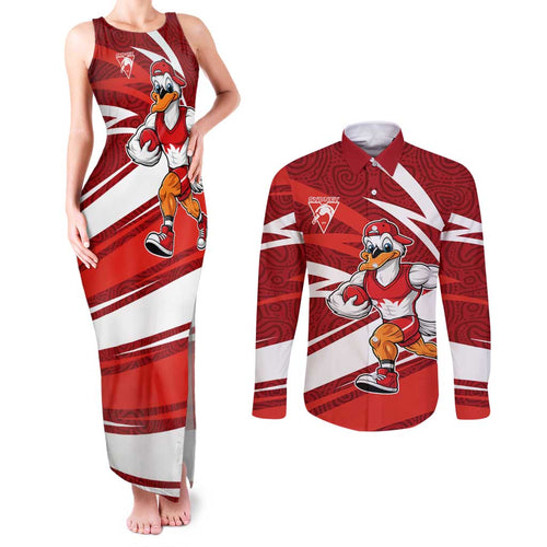 Sydney Swans Australian Football Couples Matching Tank Maxi Dress and Long Sleeve Button Shirt Swans Mascot Art With Indigenous Pattern Art
