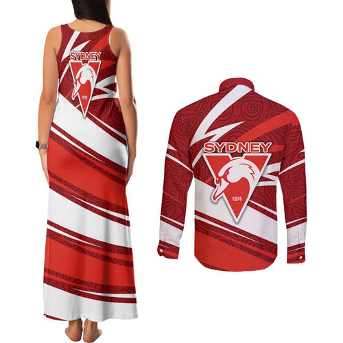 Sydney Swans Australian Football Couples Matching Tank Maxi Dress and Long Sleeve Button Shirt Swans Mascot Art With Indigenous Pattern Art