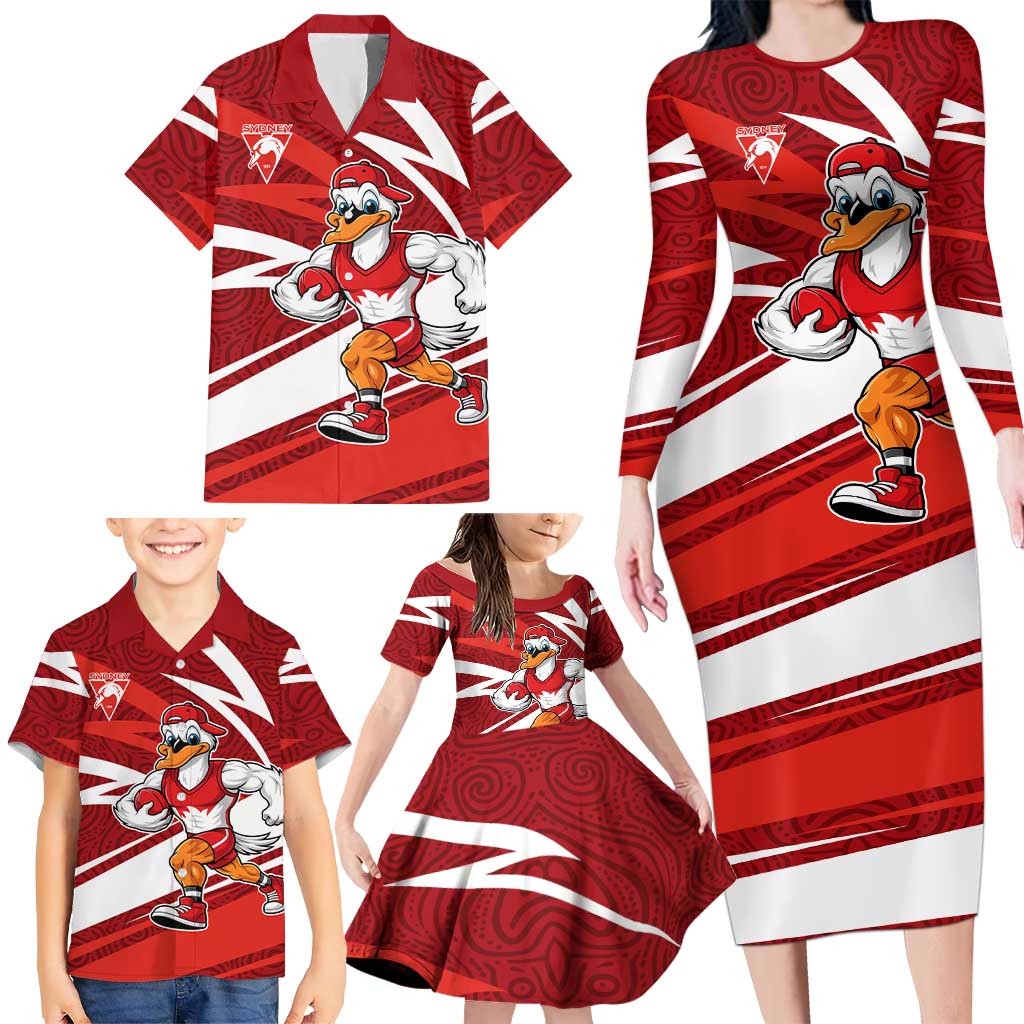Sydney Swans Australian Football Family Matching Long Sleeve Bodycon Dress and Hawaiian Shirt Swans Mascot Art With Indigenous Pattern Art