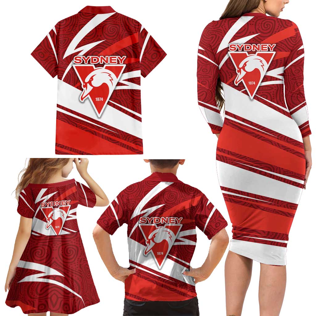 Sydney Swans Australian Football Family Matching Long Sleeve Bodycon Dress and Hawaiian Shirt Swans Mascot Art With Indigenous Pattern Art
