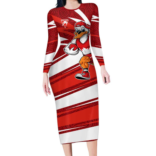 Sydney Swans Australian Football Family Matching Long Sleeve Bodycon Dress and Hawaiian Shirt Swans Mascot Art With Indigenous Pattern Art