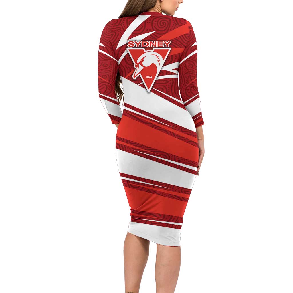 Sydney Swans Australian Football Family Matching Long Sleeve Bodycon Dress and Hawaiian Shirt Swans Mascot Art With Indigenous Pattern Art