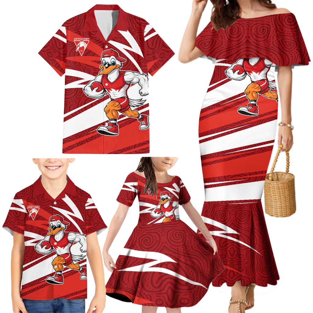 Sydney Swans Australian Football Family Matching Mermaid Dress and Hawaiian Shirt Swans Mascot Art With Indigenous Pattern Art