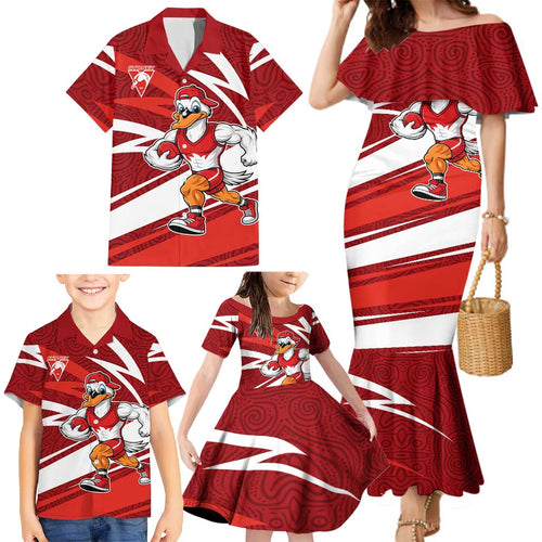 Sydney Swans Australian Football Family Matching Mermaid Dress and Hawaiian Shirt Swans Mascot Art With Indigenous Pattern Art