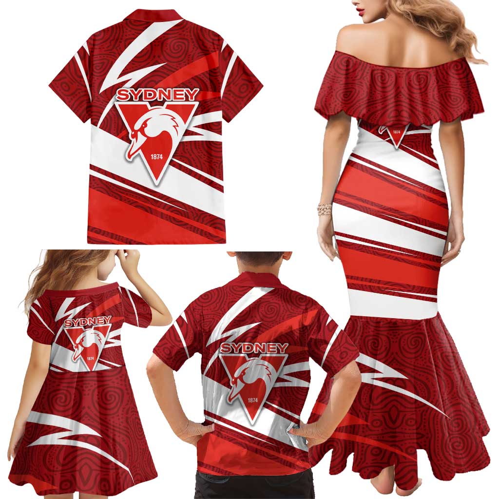 Sydney Swans Australian Football Family Matching Mermaid Dress and Hawaiian Shirt Swans Mascot Art With Indigenous Pattern Art
