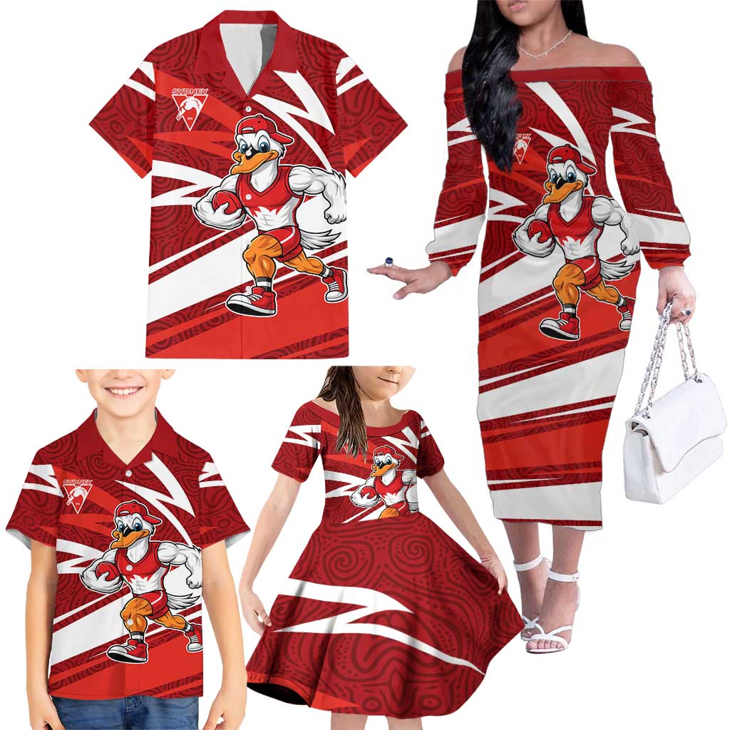 Sydney Swans Australian Football Family Matching Off The Shoulder Long Sleeve Dress and Hawaiian Shirt Swans Mascot Art With Indigenous Pattern Art