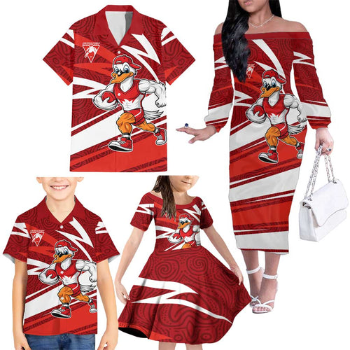 Sydney Swans Australian Football Family Matching Off The Shoulder Long Sleeve Dress and Hawaiian Shirt Swans Mascot Art With Indigenous Pattern Art