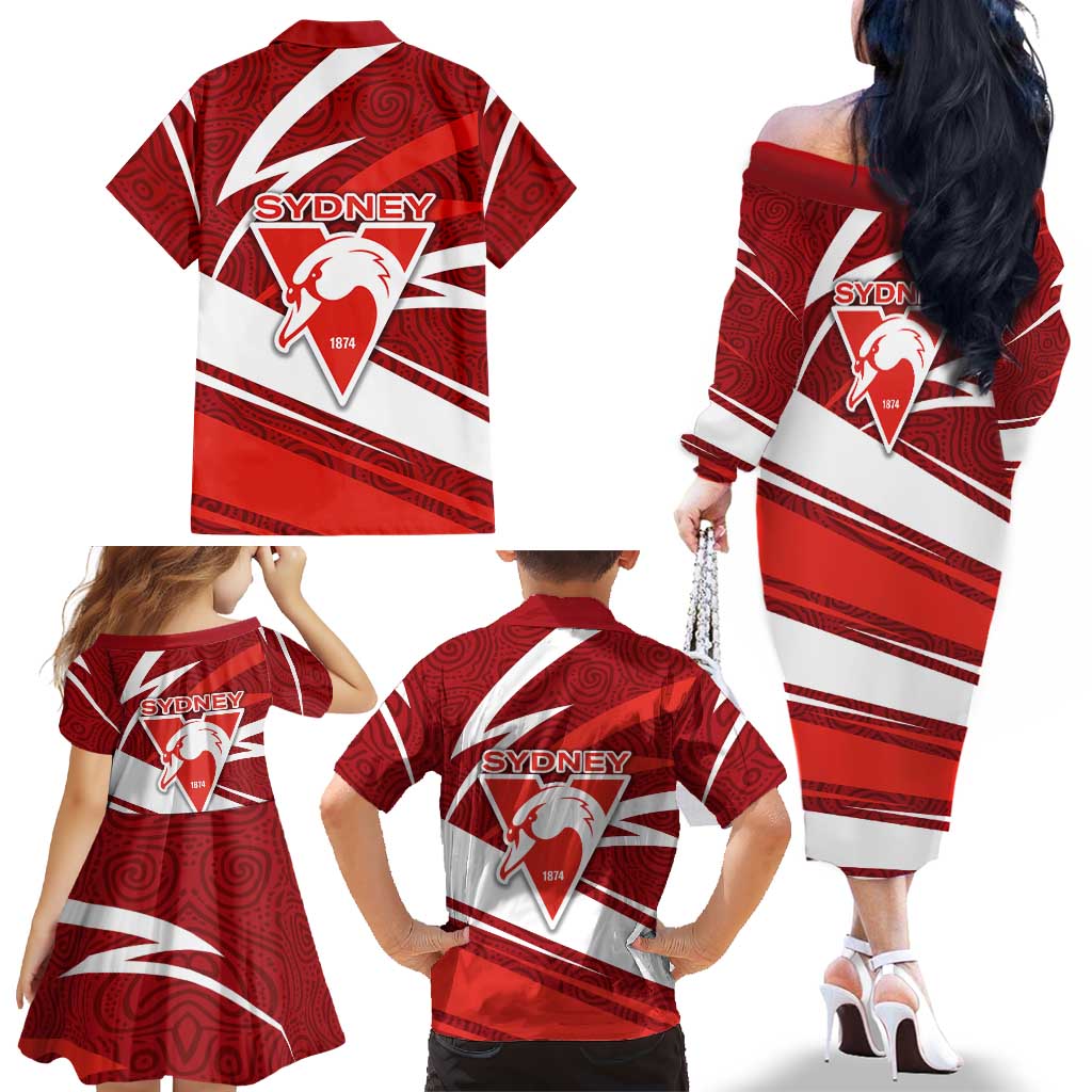 Sydney Swans Australian Football Family Matching Off The Shoulder Long Sleeve Dress and Hawaiian Shirt Swans Mascot Art With Indigenous Pattern Art