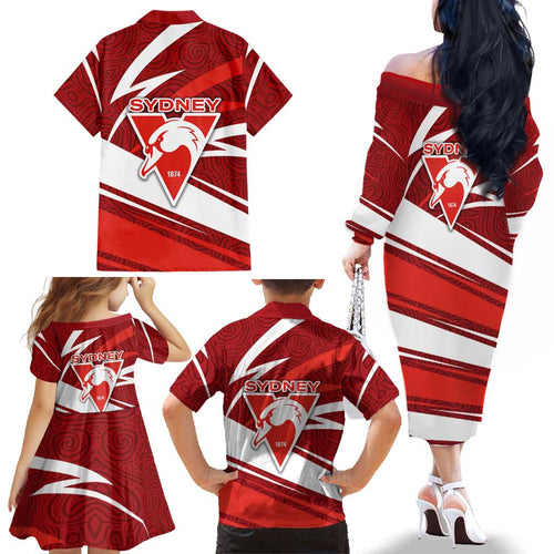 Sydney Swans Australian Football Family Matching Off The Shoulder Long Sleeve Dress and Hawaiian Shirt Swans Mascot Art With Indigenous Pattern Art