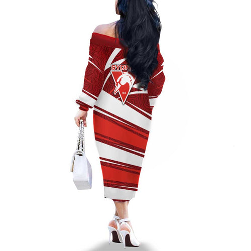 Sydney Swans Australian Football Family Matching Off The Shoulder Long Sleeve Dress and Hawaiian Shirt Swans Mascot Art With Indigenous Pattern Art