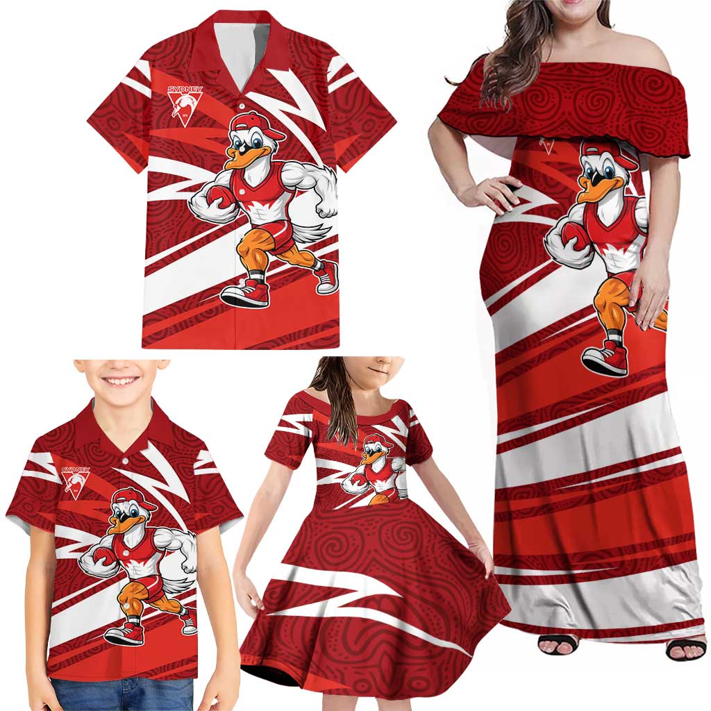 Sydney Swans Australian Football Family Matching Off Shoulder Maxi Dress and Hawaiian Shirt Swans Mascot Art With Indigenous Pattern Art