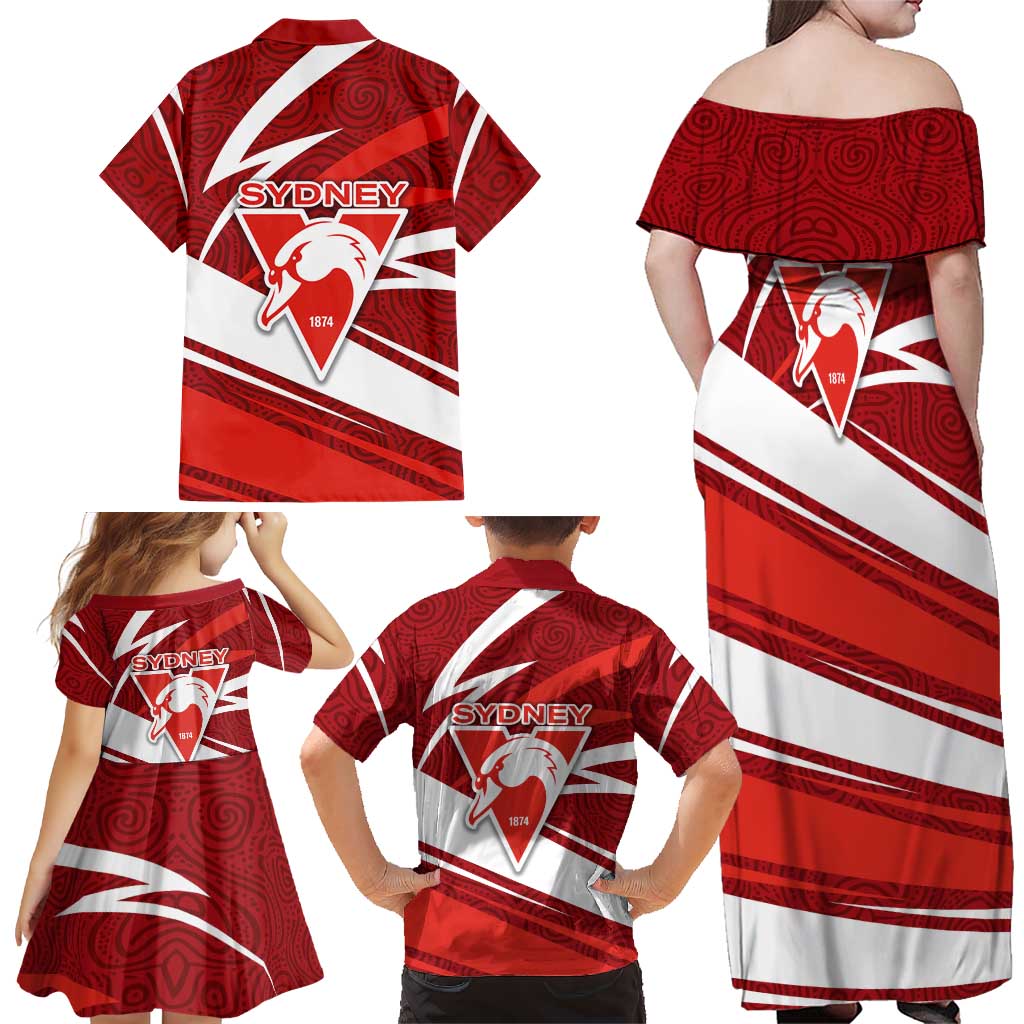 Sydney Swans Australian Football Family Matching Off Shoulder Maxi Dress and Hawaiian Shirt Swans Mascot Art With Indigenous Pattern Art