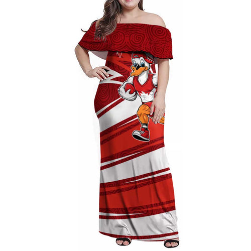 Sydney Swans Australian Football Family Matching Off Shoulder Maxi Dress and Hawaiian Shirt Swans Mascot Art With Indigenous Pattern Art