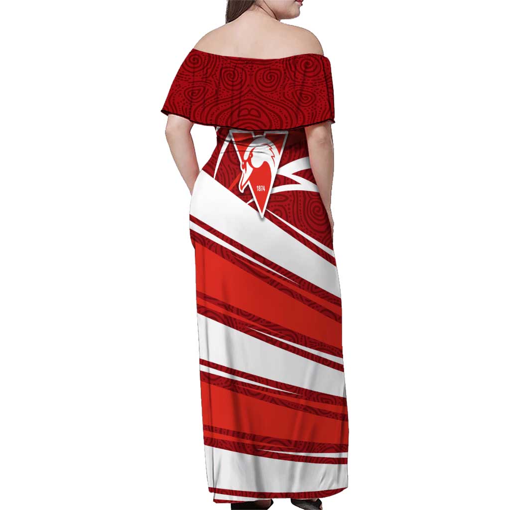 Sydney Swans Australian Football Family Matching Off Shoulder Maxi Dress and Hawaiian Shirt Swans Mascot Art With Indigenous Pattern Art
