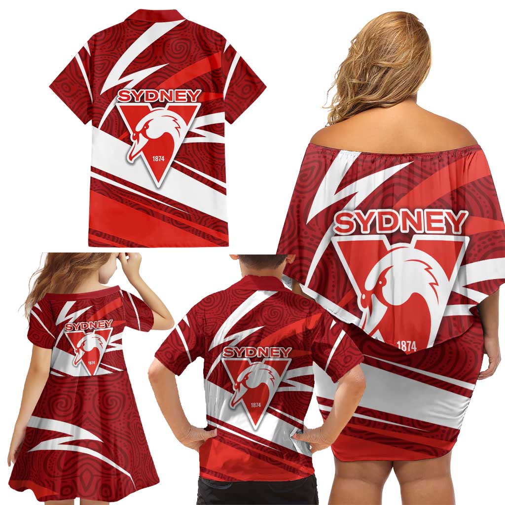 Sydney Swans Australian Football Family Matching Off Shoulder Short Dress and Hawaiian Shirt Swans Mascot Art With Indigenous Pattern Art