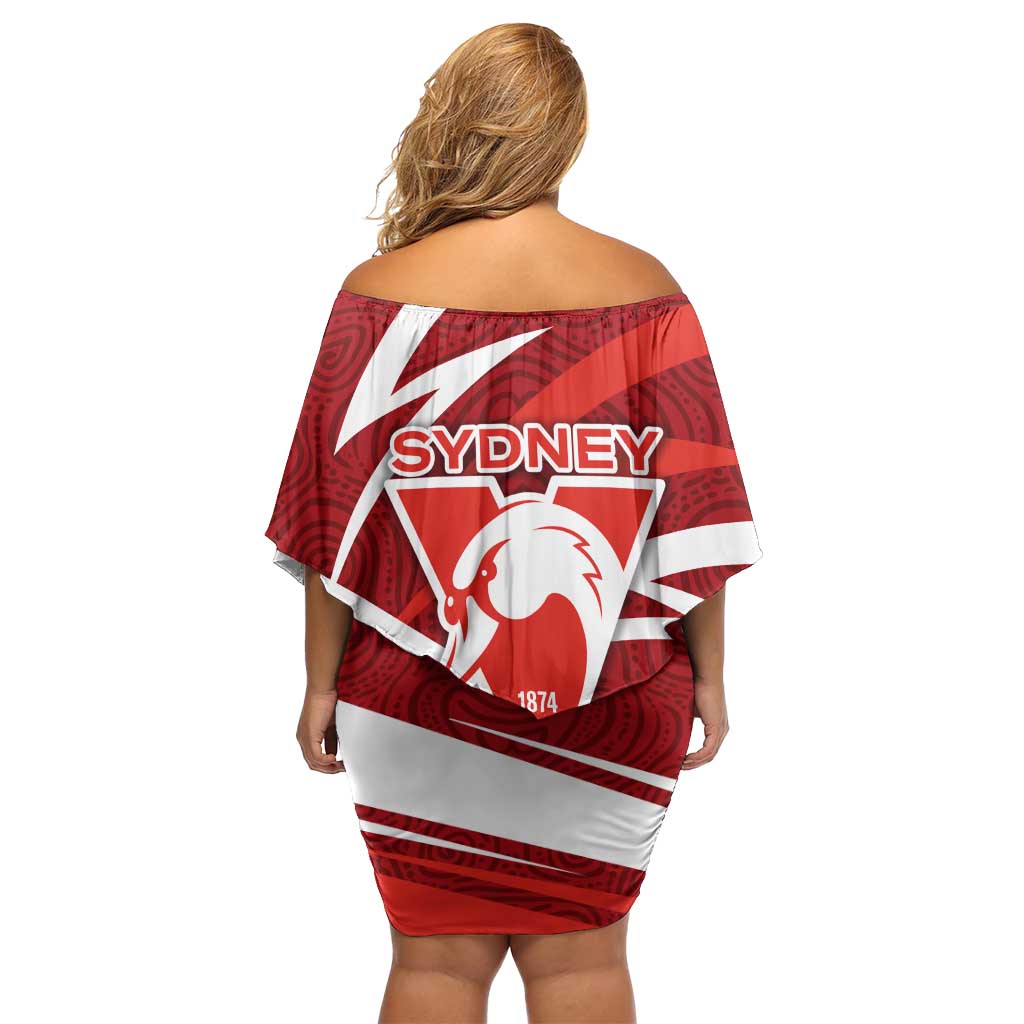 Sydney Swans Australian Football Family Matching Off Shoulder Short Dress and Hawaiian Shirt Swans Mascot Art With Indigenous Pattern Art