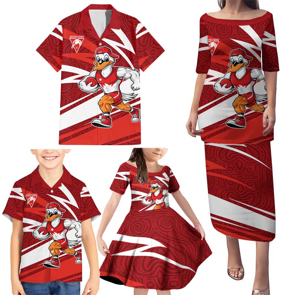 Sydney Swans Australian Football Family Matching Puletasi and Hawaiian Shirt Swans Mascot Art With Indigenous Pattern Art