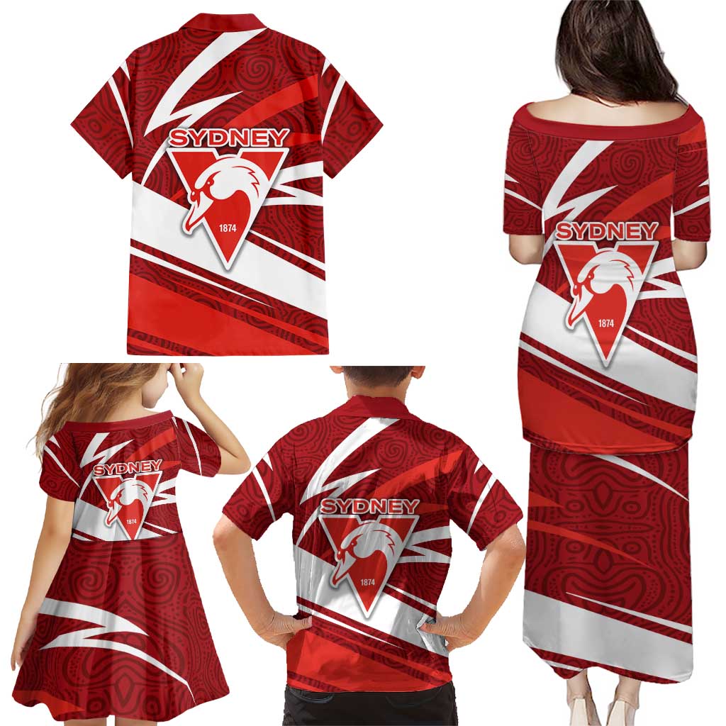 Sydney Swans Australian Football Family Matching Puletasi and Hawaiian Shirt Swans Mascot Art With Indigenous Pattern Art