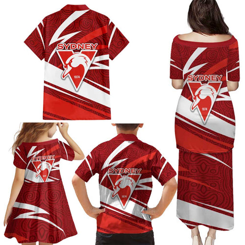 Sydney Swans Australian Football Family Matching Puletasi and Hawaiian Shirt Swans Mascot Art With Indigenous Pattern Art